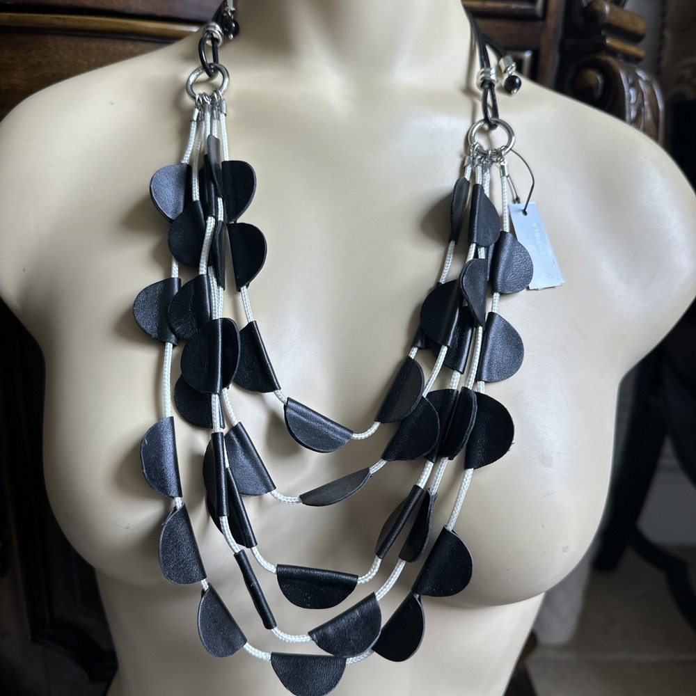 Chicos Statement Necklace Adjustable 32-38 Inch‎ Black Leather Multi Strand NWT